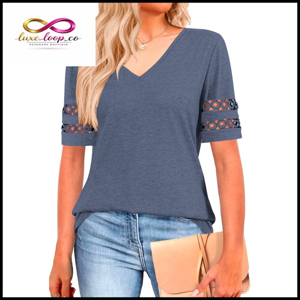 V-Neck Short Sleeve T-Shirt Loose Fit Lace Detail Summer Top